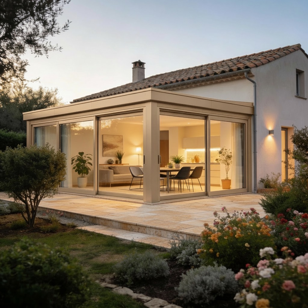 Véranda aluminium beige avec intérieur lumineux aménagé, terrasse en travertin naturel, maison rénovée harmonieusement.