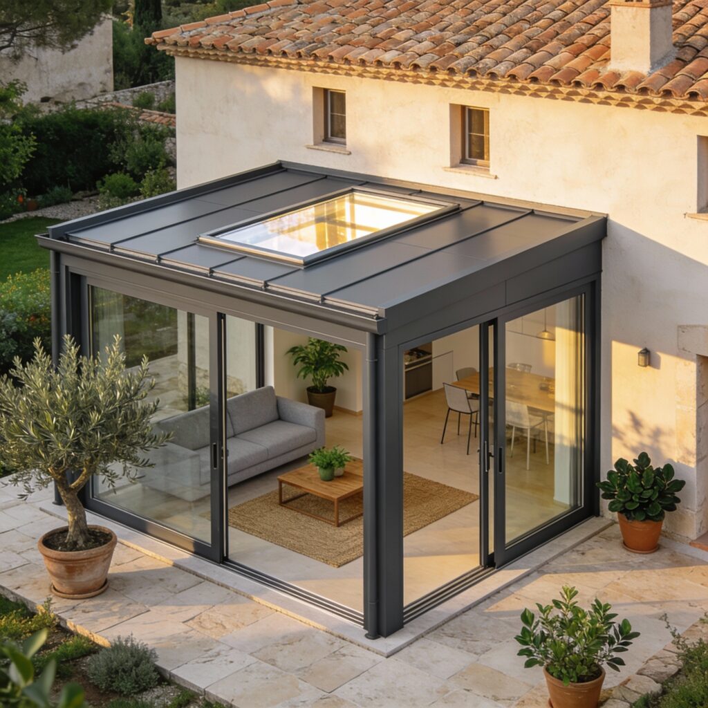 Véranda en aluminium gris accolée à une maison méditerranéenne, avec baies vitrées et toiture partiellement vitrée, montrant un intérieur aménagé en pièce à vivre.