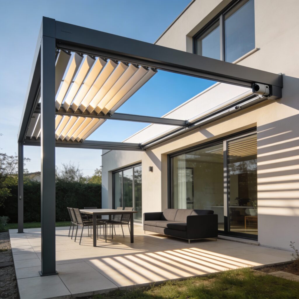 Pergola bioclimatique en aluminium avec lames orientables et rétractables motorisées créant une zone extérieure modulable entre ombre et lumière.