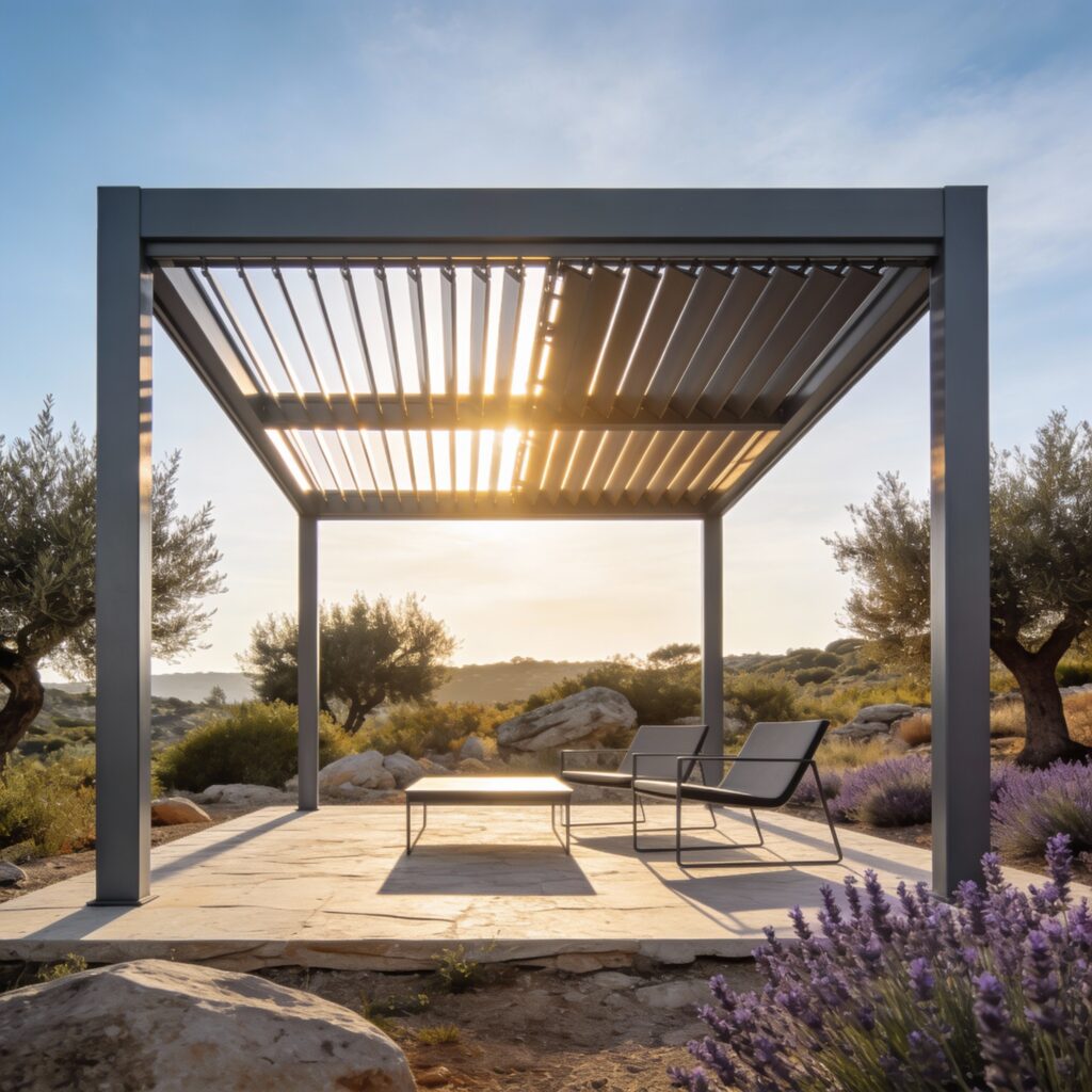 Pergola bioclimatique moderne en aluminium avec lames orientables offrant une zone d’ombre sur une terrasse extérieure.
