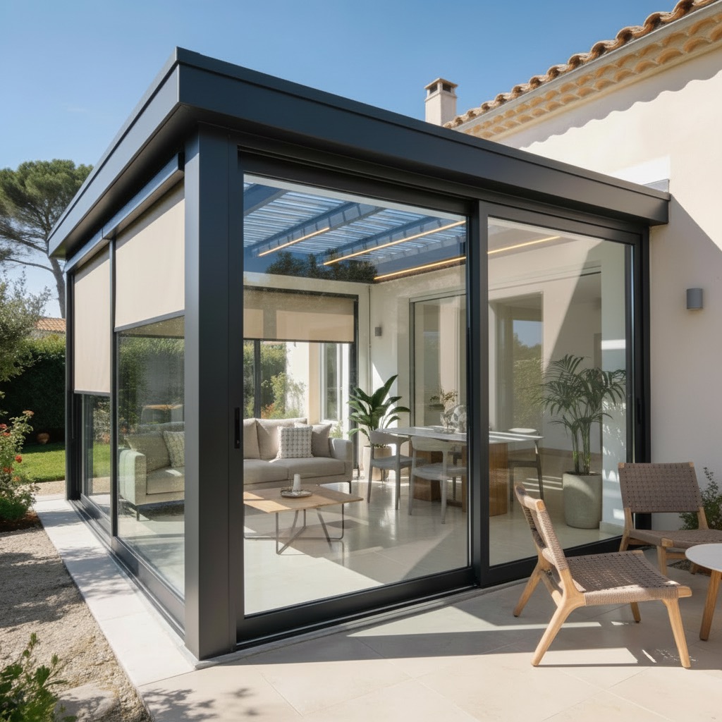 Véranda aluminium aménagée avec salon moderne, table basse, espace repas équipé, stores intérieurs, éclairage LED, extension de maison lumineuse et confortable