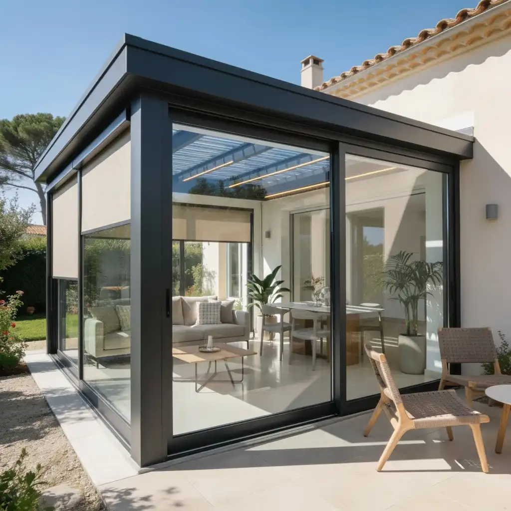 Véranda aluminium aménagée avec salon moderne, table basse, espace repas équipé, stores intérieurs, éclairage LED, extension de maison lumineuse et confortable