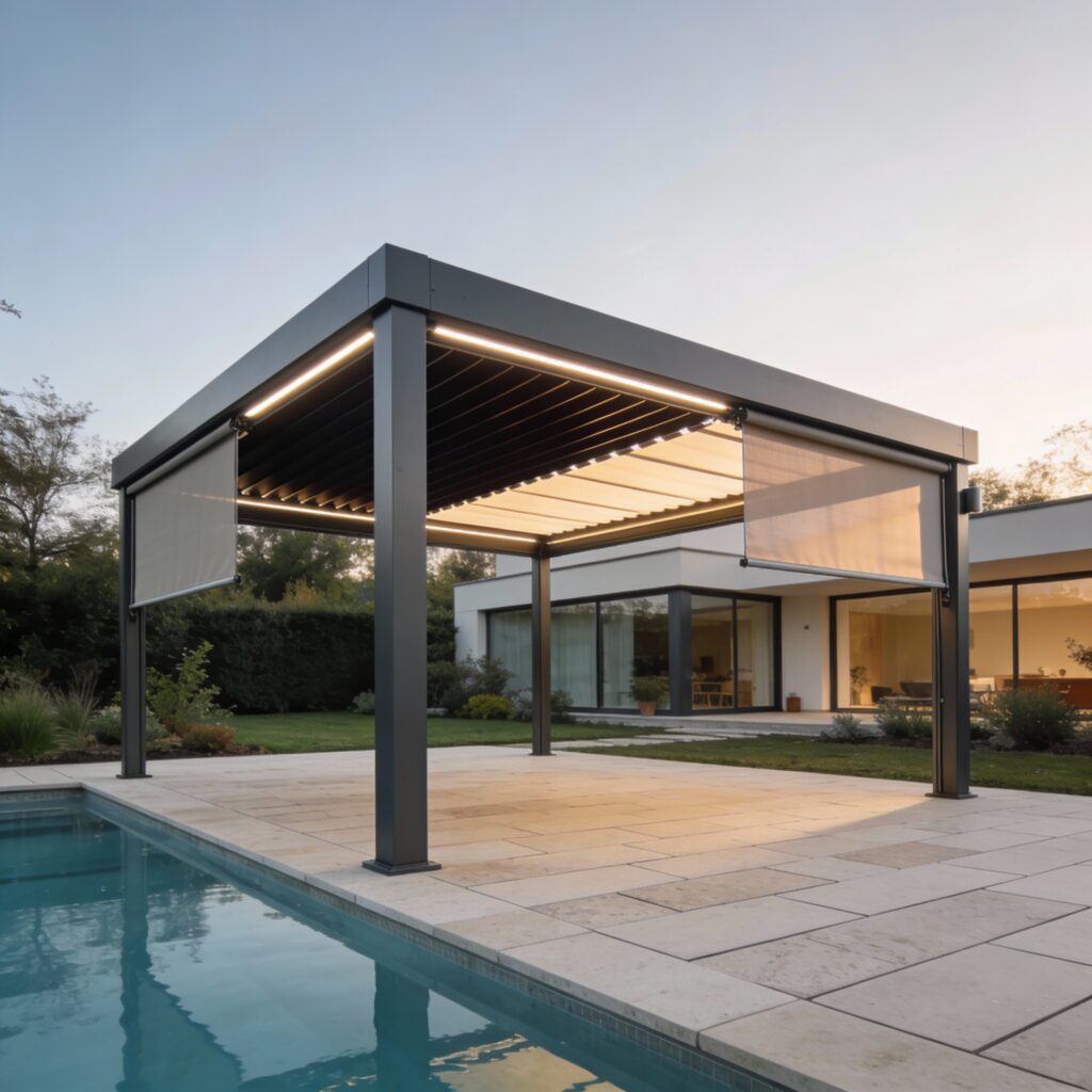 Pergola bioclimatique en aluminium haut de gamme installée sur une terrasse avec piscine, illustrant un espace extérieur moderne et durable.