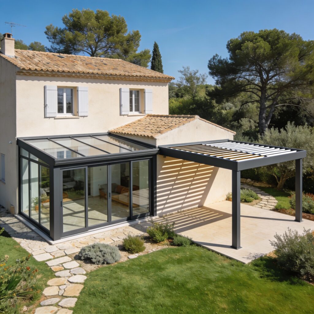 Ensemble architectural montrant véranda aluminium intégrée et pergola dans un paysage méditerranéen