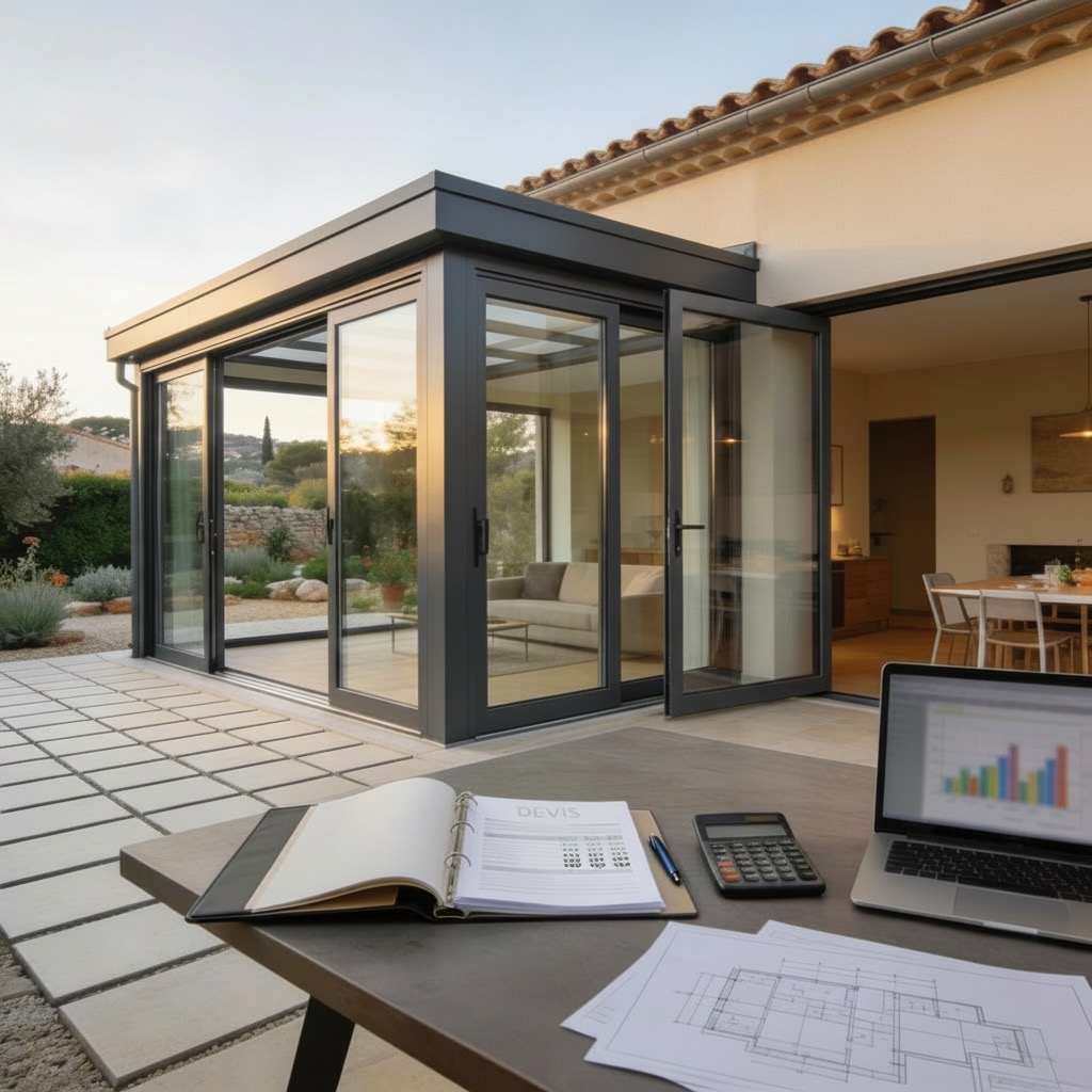 Véranda aluminium avec table de travail montrant documents, calculatrice et plans, illustrant l’estimation de budget et devis d’un projet de véranda sur-mesure.