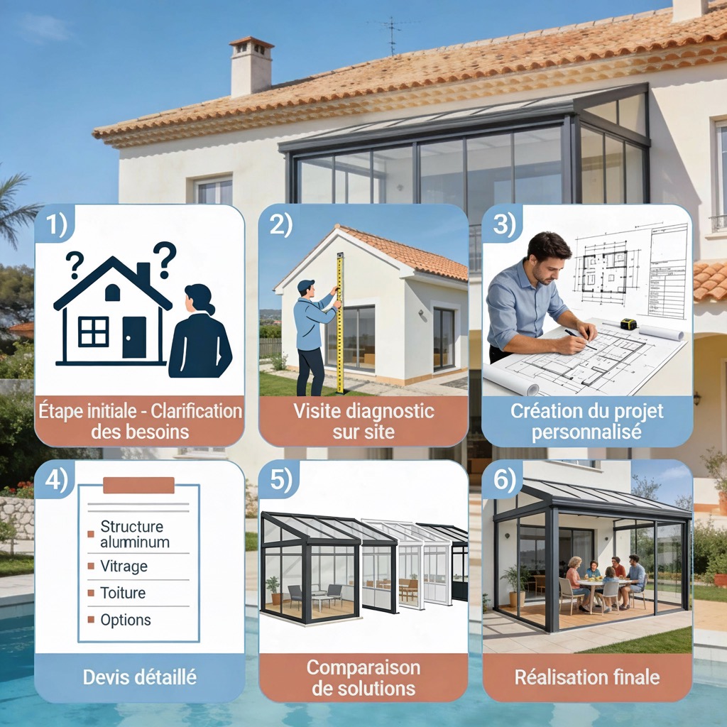 Processus d’étude et de devis pour véranda en 6 étapes : clarification des besoins, visite diagnostic, création du projet, devis détaillé avec structure aluminium et vitrage, comparaison de solutions, réalisation finale.