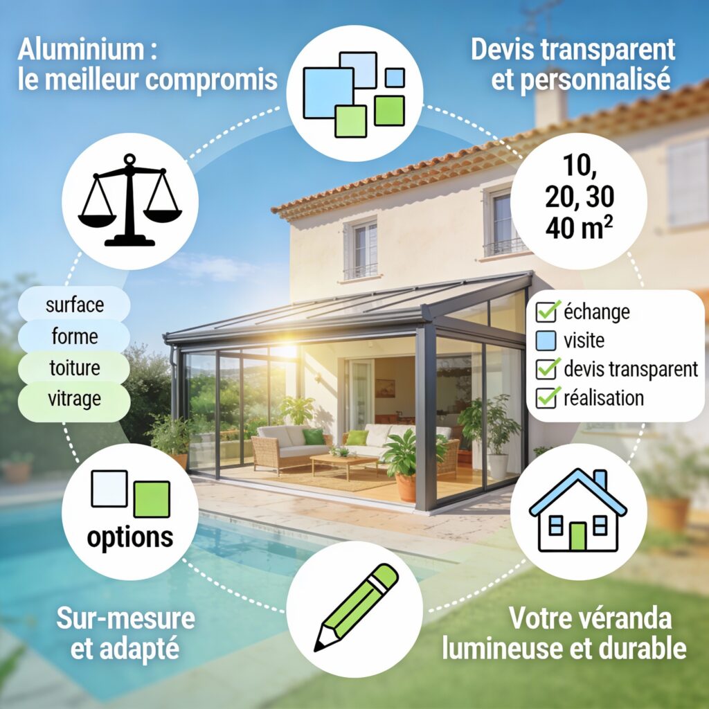 Infographie des clés de succès pour un projet de véranda : aluminium meilleur compromis, surfaces 10-40 m², devis transparent et personnalisé, sur-mesure et adapté, avec véranda lumineuse et durable.