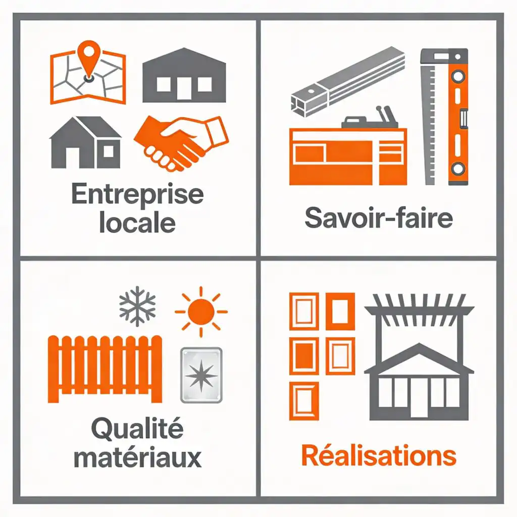 Infographie des forces d’une entreprise locale de véranda : présence régionale Hérault, savoir-faire en aluminium, qualité des matériaux durables, portfolio de réalisations