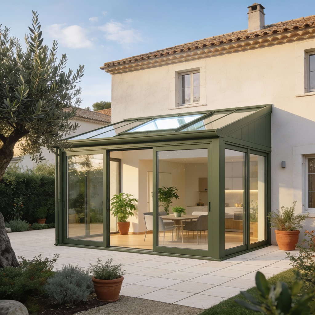 Véranda aluminium verte sur-mesure avec intérieur lumineux, terrasse en dallage clair, maison méditerranéenne Montpellier