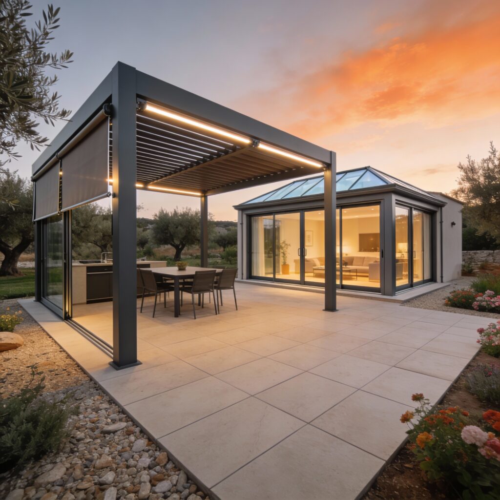 Terrasse avec pergola bioclimatique équipée de LED et stores ZIP à gauche, et véranda aluminium aménagée en salon à droite, au crépuscule dans un jardin méditerranéen.