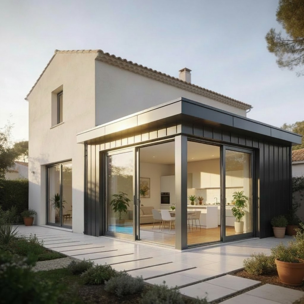 Extension aluminium contemporaine avec toit plat et grandes baies vitrées donnant sur un salon-cuisine lumineux.