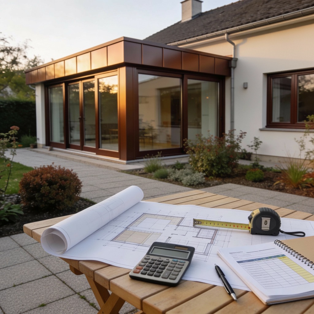 Plans d'extension maison en aluminium marron avec calculatrice et documents budgétaires sur table de jardin, extension visible en arrière-plan.