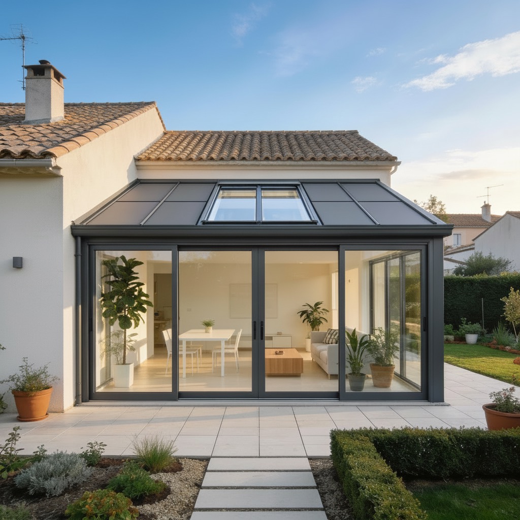 Véranda en aluminium gris accolée à une maison, avec baies vitrées coulissantes et toiture partiellement vitrée, intérieur aménagé en pièce à vivre.