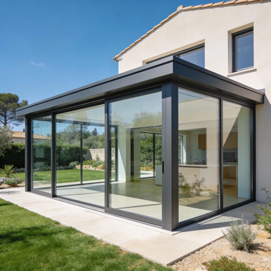 Véranda aluminium contemporaine avec large vitrage, reliée à un jardin méditerranéen