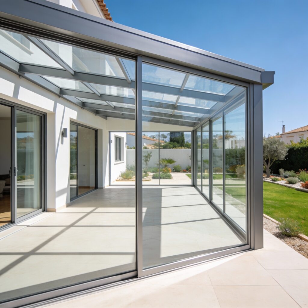 Intérieur d'une véranda aluminium lumineuse avec poutres apparentes et grandes surfaces vitrées