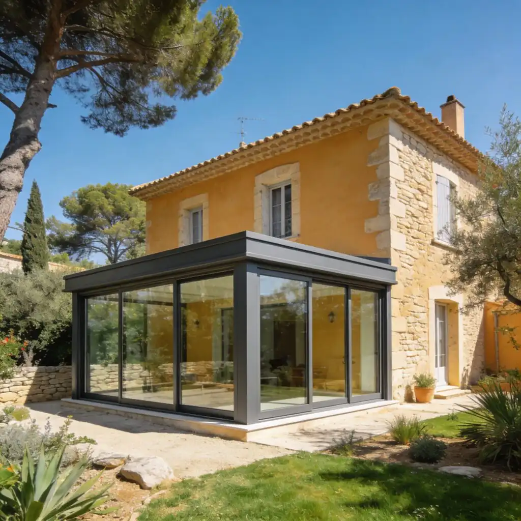 Véranda aluminium de style contemporain transformant la façade d’une maison existante