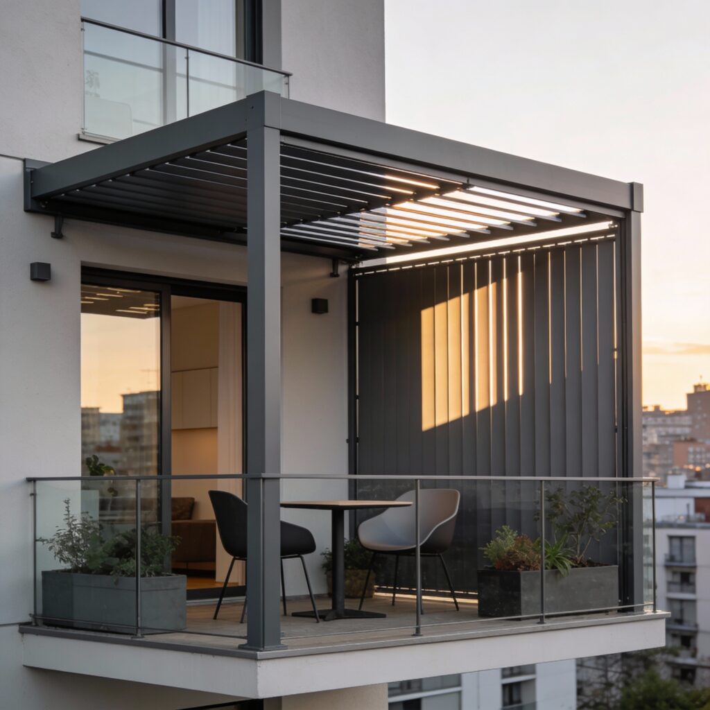 Pergola bioclimatique en aluminium gris anthracite avec lames orientables partiellement ouvertes, illustrant la gestion de la lumière et de la ventilation sur un espace extérieur sans occupant.