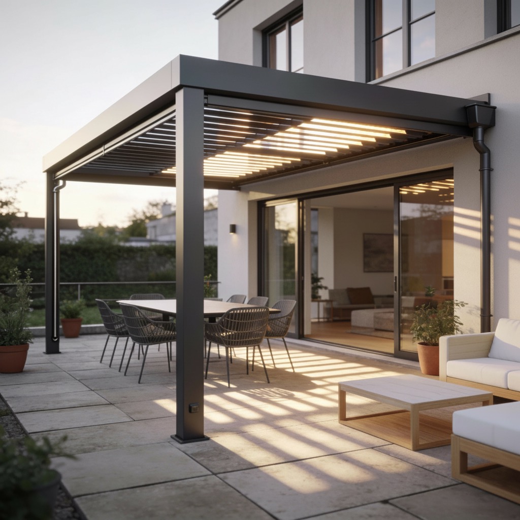Pergola bioclimatique en aluminium gris anthracite adossée à une maison contemporaine, créant un nouvel espace de vie sur la terrasse avec table de repas et salon de jardin sans présence humaine.