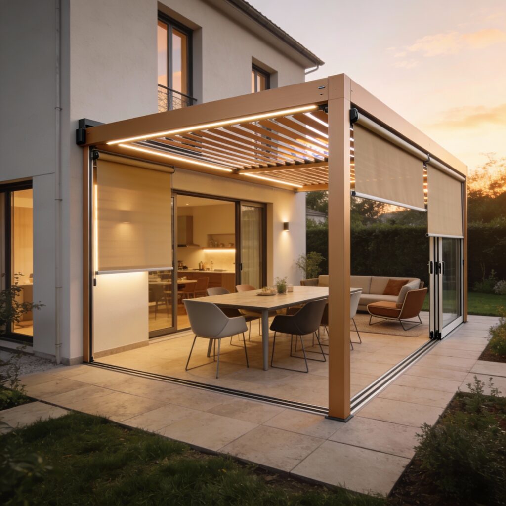 Pergola bioclimatique en aluminium couleur sable, conçue sur mesure et adossée à une maison contemporaine, aménageant une terrasse avec coin repas et espace lounge sans occupant, illustrant la personnalisation des couleurs et des options de confort.