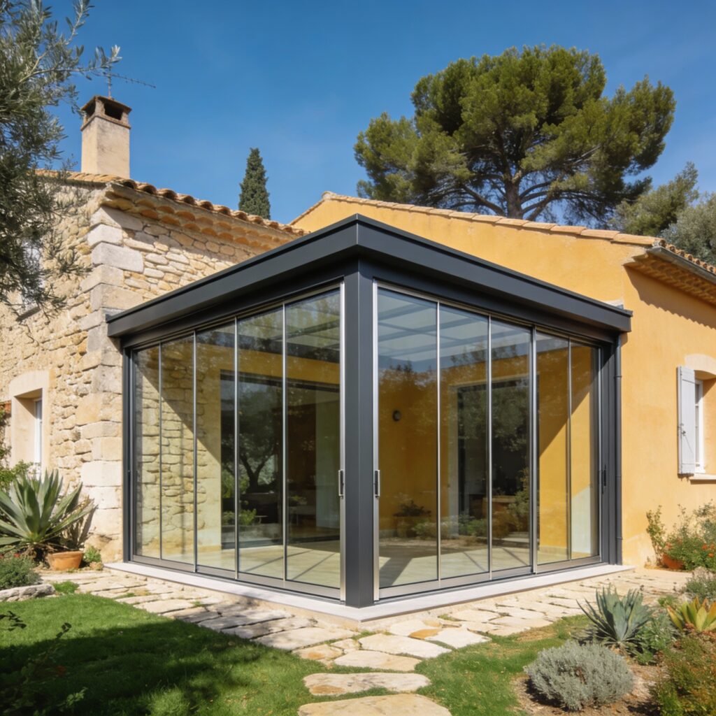 Maison méditerranéenne avec véranda aluminium gris intégrée harmonieusement à l'architecture