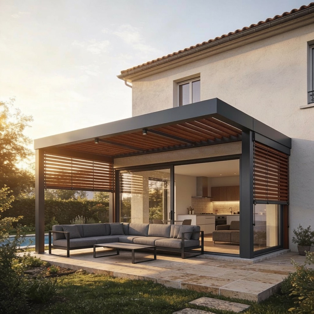 Véranda et pergola bioclimatique en aluminium gris foncé avec canapé et table basse, terrasse ouverte sur jardin, espace salon-détente lumineux