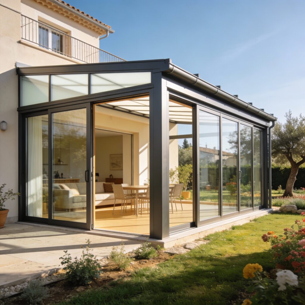 Véranda en aluminium contemporaine attenante à une maison à Montpellier, largement vitrée et ouverte sur un jardin méditerranéen ensoleillé.