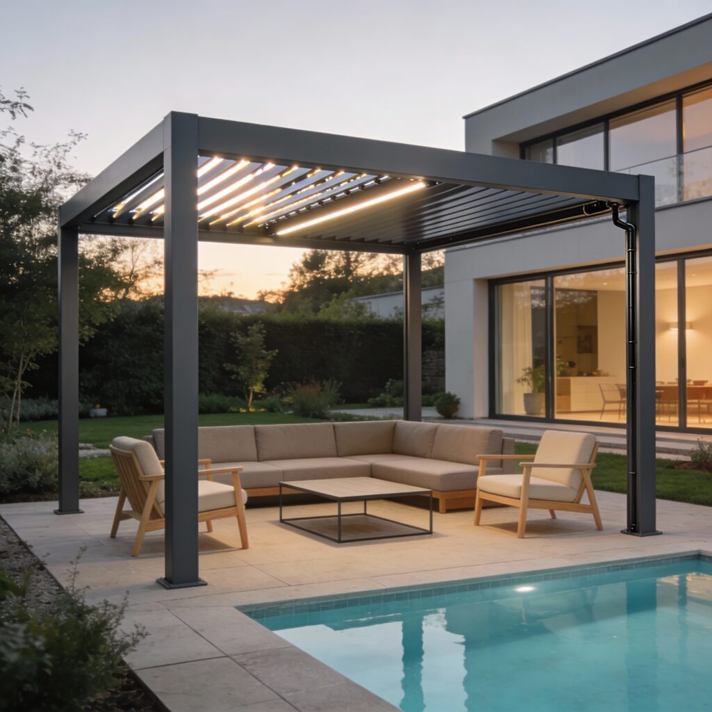 Pergola bioclimatique en aluminium gris anthracite à lames orientables, installée en extérieur sans occupant, créant un espace de vie protégé et lumineux sur terrasse ou bord de piscine.