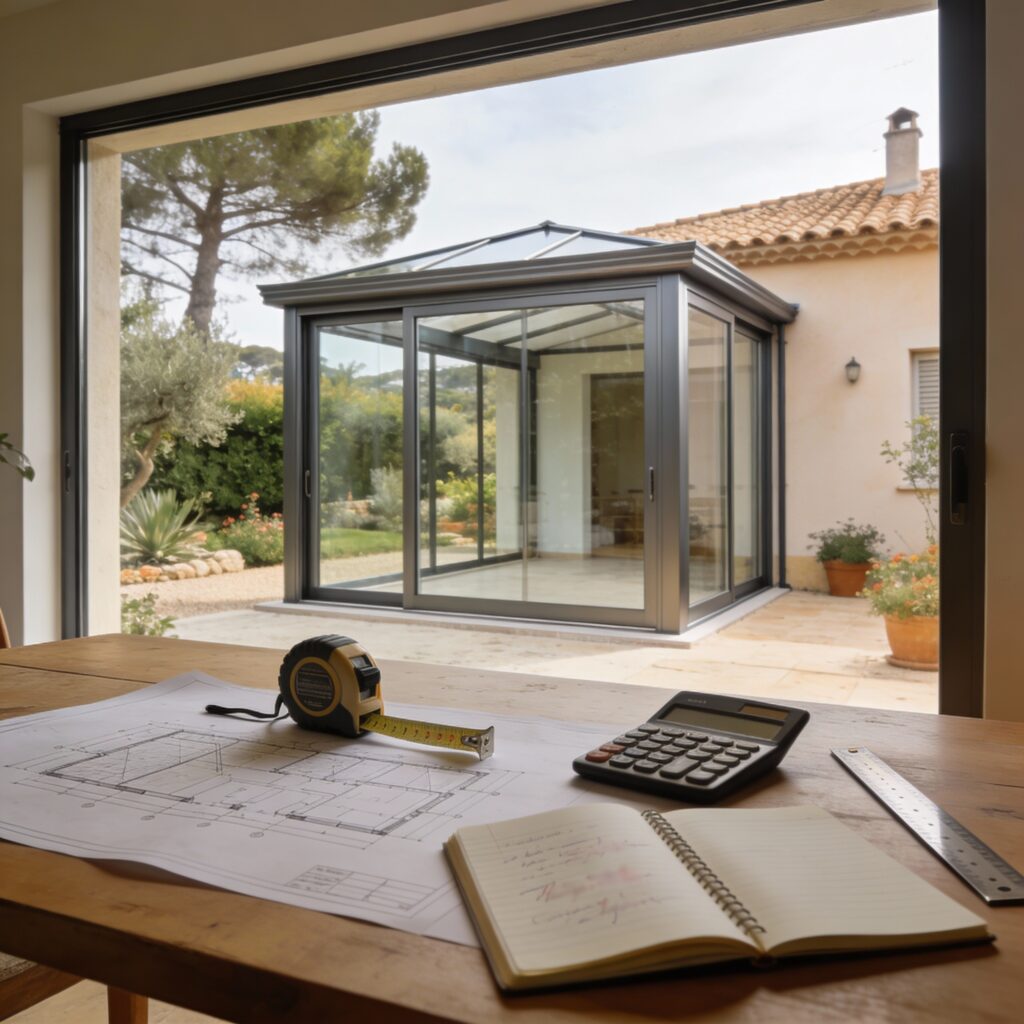 Véranda aluminium contemporaine avec plan de véranda, ruban métrique, calculatrice et carnet illustrant l’estimation du prix et la préparation du devis.