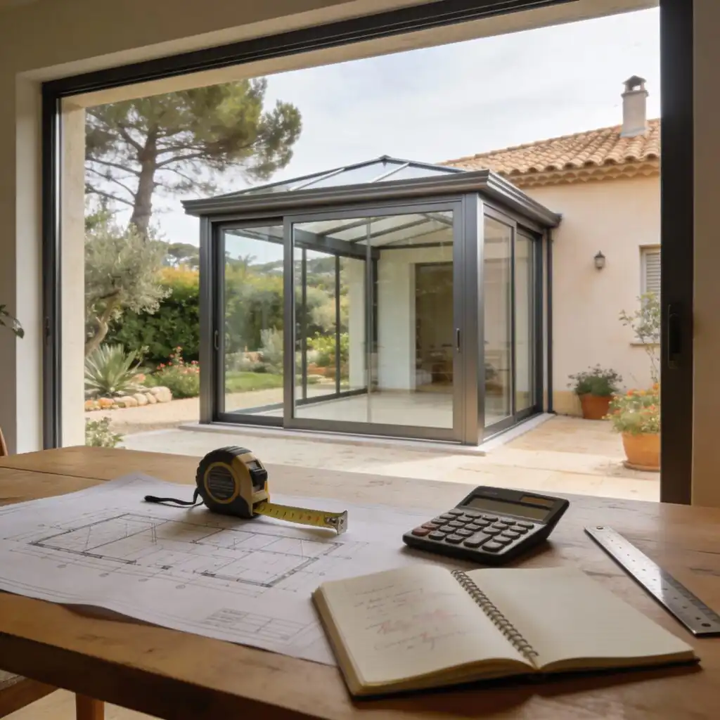 Véranda aluminium contemporaine avec plan de véranda, ruban métrique, calculatrice et carnet illustrant l’estimation du prix et la préparation du devis.