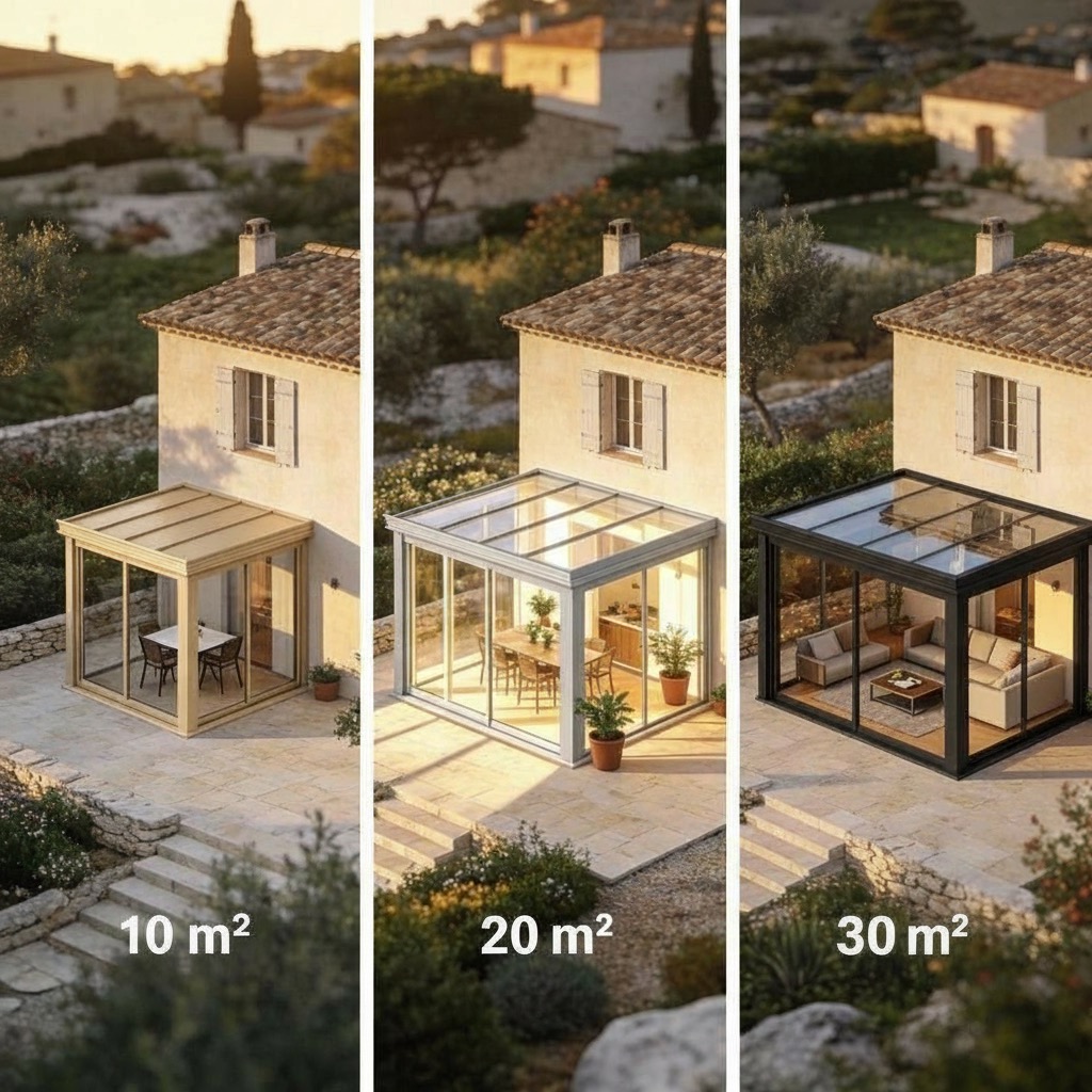 Comparaison de trois vérandas aluminium de différentes surfaces : 10 m² couleur sable, 20 m² gris clair avec toiture partiellement vitrée, 30 m² noire avec toiture vitrée, intégrées à une maison méditerranéenne.