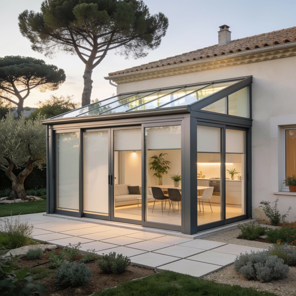 Véranda aluminium avec stores zip de protection solaire, pièce à vivre lumineuse intégrée à la maison.