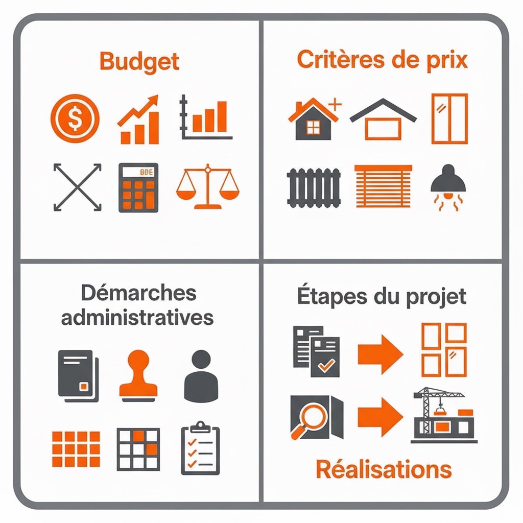 Infographie des aspects budgétaires, administratifs et opérationnels d’un projet véranda : budget et coûts, critères de prix, démarches administratives, étapes de réalisation