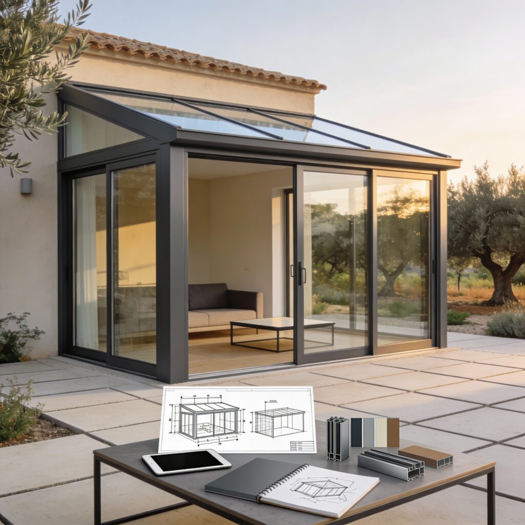 Véranda aluminium rectangulaire simple avec plans techniques, croquis et échantillons de finitions présentés sur la terrasse lors de la phase de conception du projet.