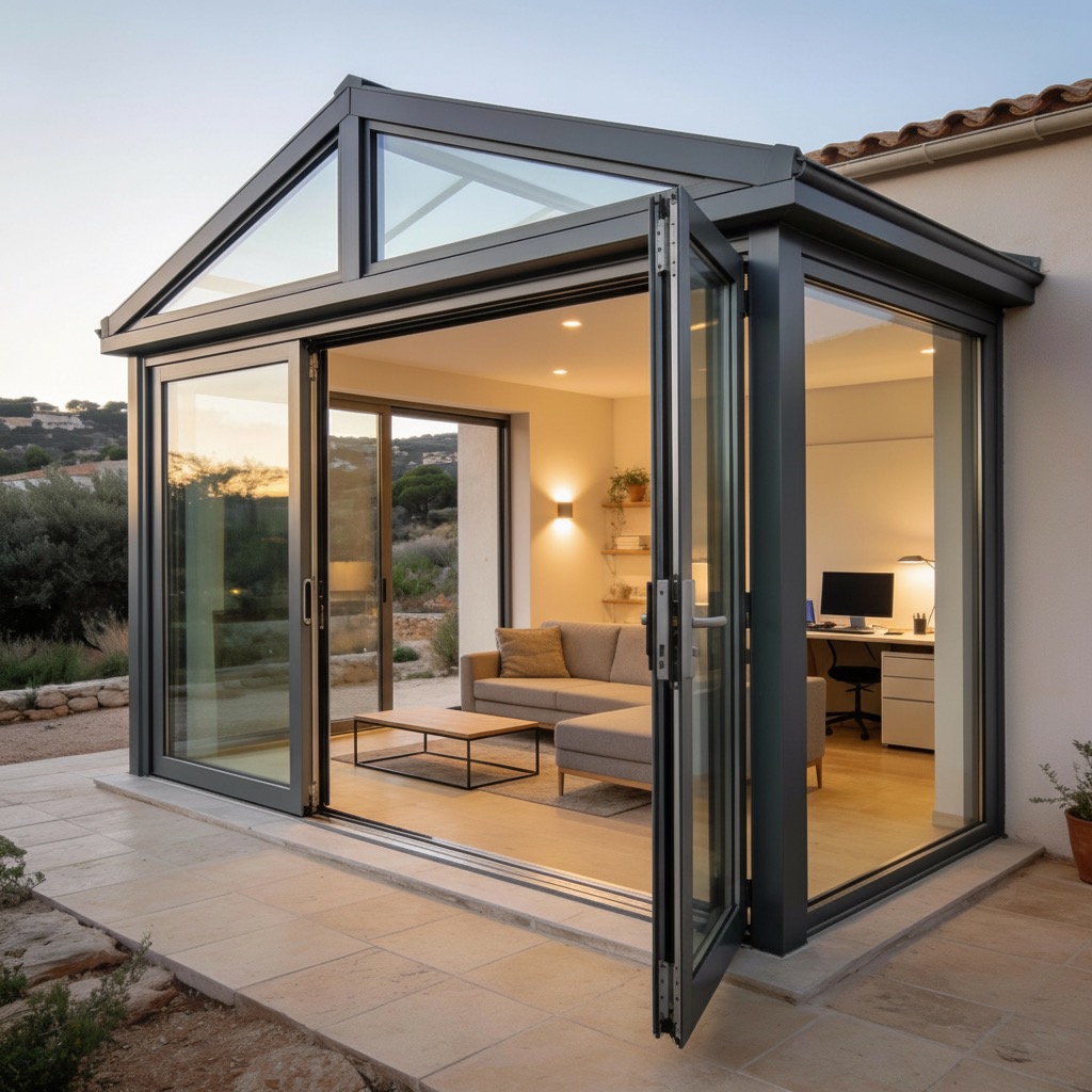 Véranda en aluminium contemporaine avec baies vitrées ouvertes, coin salon avec canapé et table basse, et coin bureau lumineux dans un environnement méditerranéen.