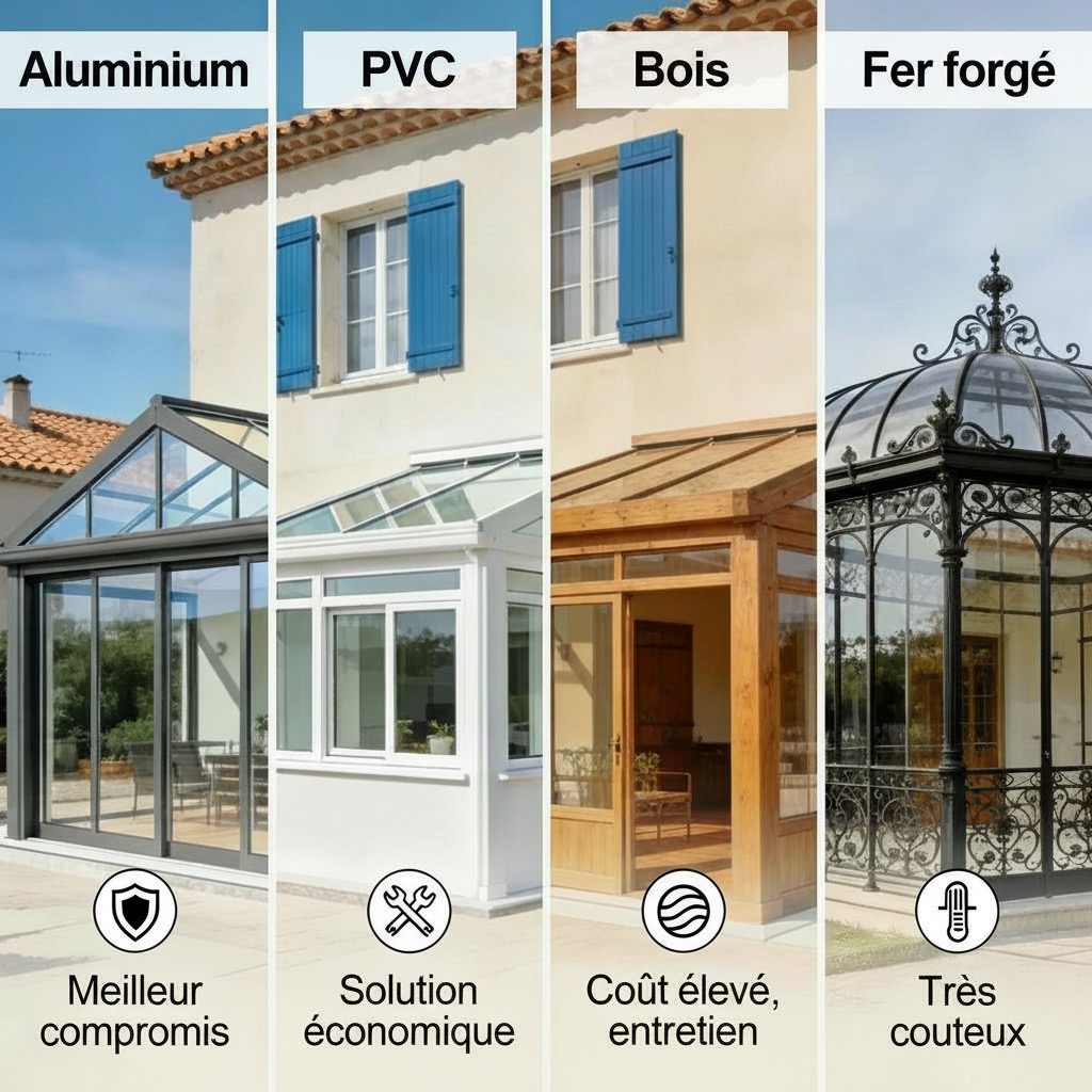 Comparaison des quatre matériaux de véranda : aluminium meilleur compromis, PVC solution économique, bois coût élevé avec entretien, fer forgé très coûteux haut de gamme.