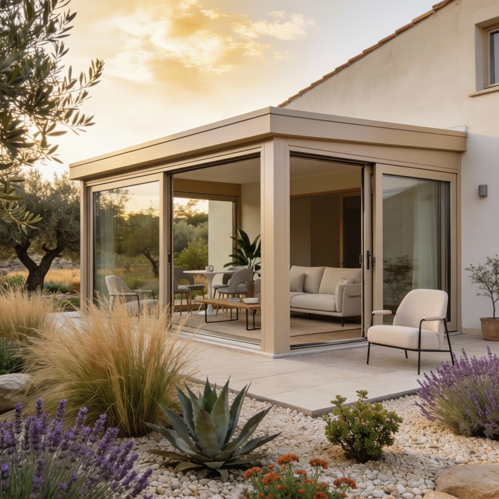 Véranda aluminium couleur sable aménagée avec mobilier contemporain, ouverte sur un jardin sec méditerranéen avec graminées et agaves.
