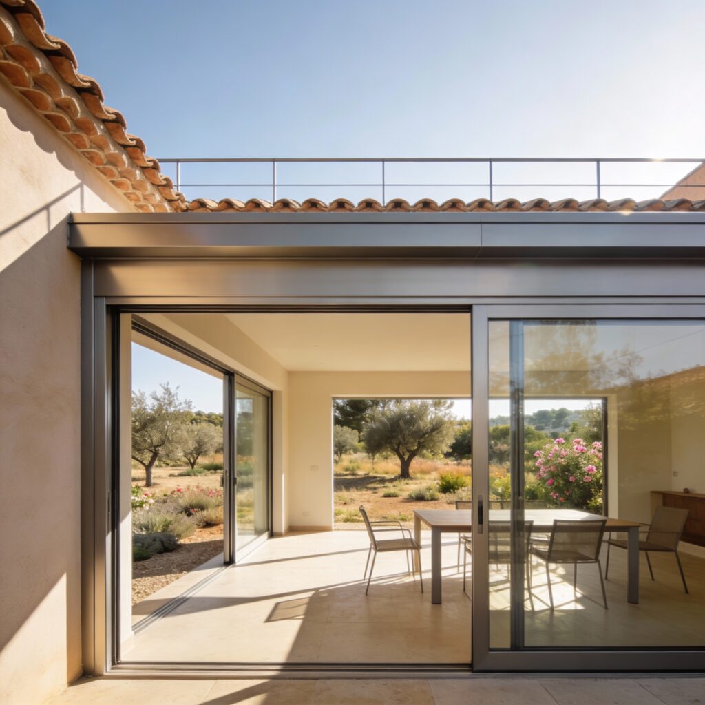 Véranda en aluminium contemporaine à Montpellier, attenante à une maison et largement vitrée, offrant une vue dégagée sur un jardin ensoleillé.