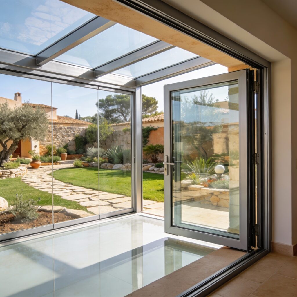 Véranda aluminium avec espace de transition entre intérieur confortable et jardin extérieur